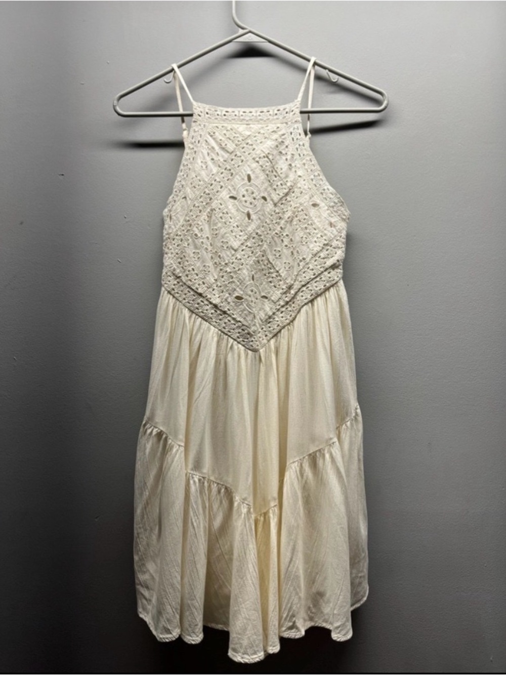 American Eagle Outfitters Cream Crochet Halter Dress